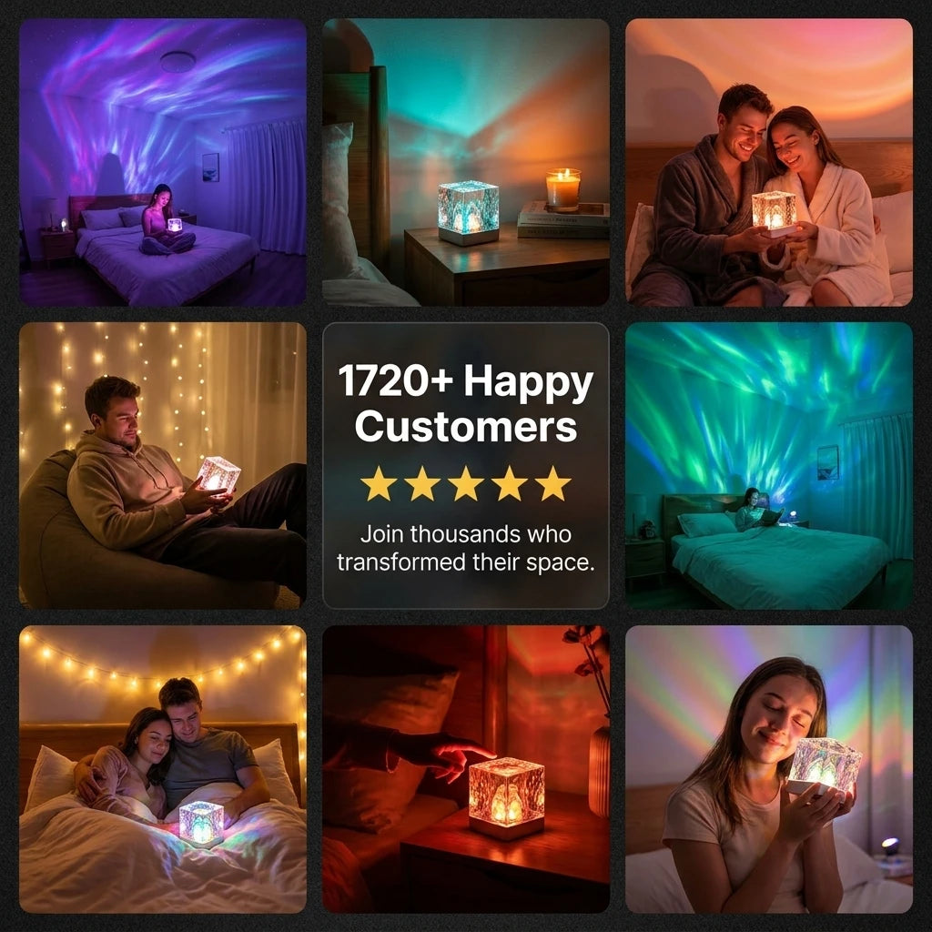 Colagem de clientes felizes a usar o Aurora Cube