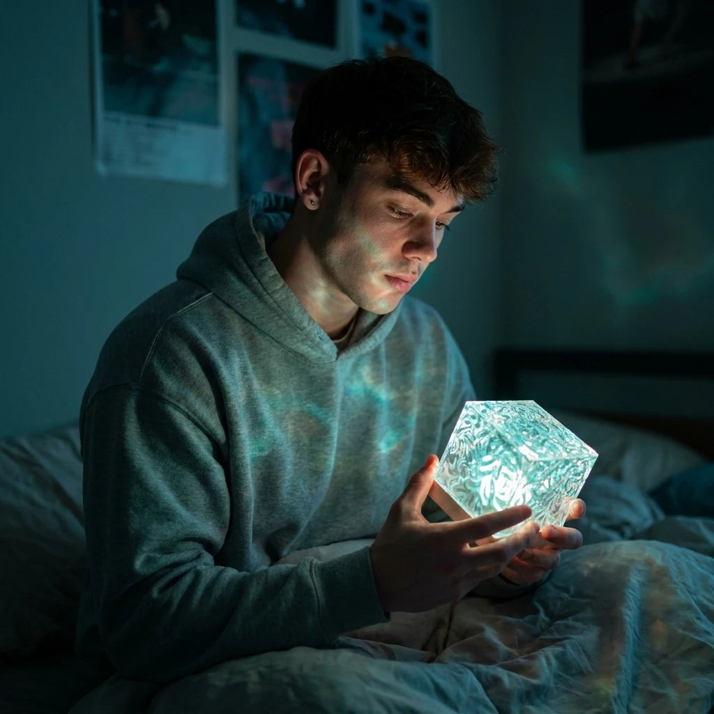 Rapaz na cama a admirar o brilho do Aurora Cube